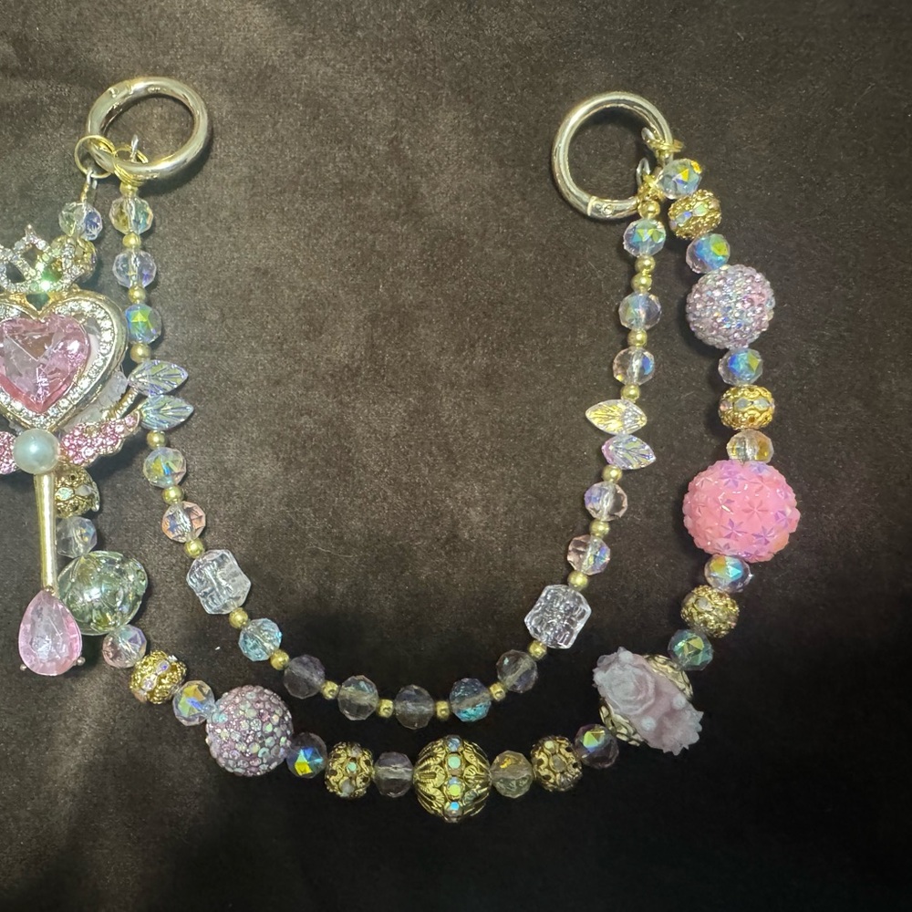 Elegant Pink and Gold Phone or Bag Chain with Crown Heart Key Accent